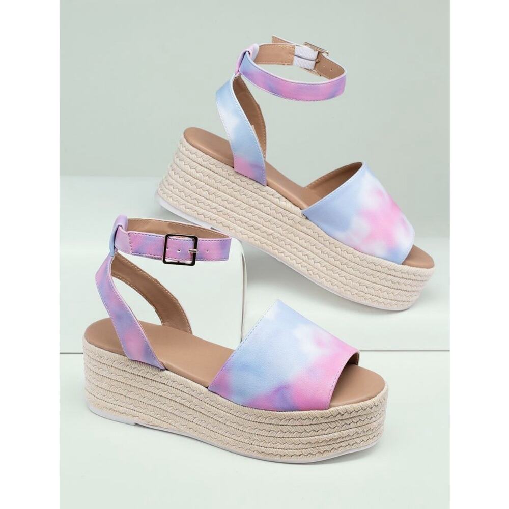 NWOB Women’s Size 10 Pink & Blue Platform Sandals with Ankle Strap Beachy